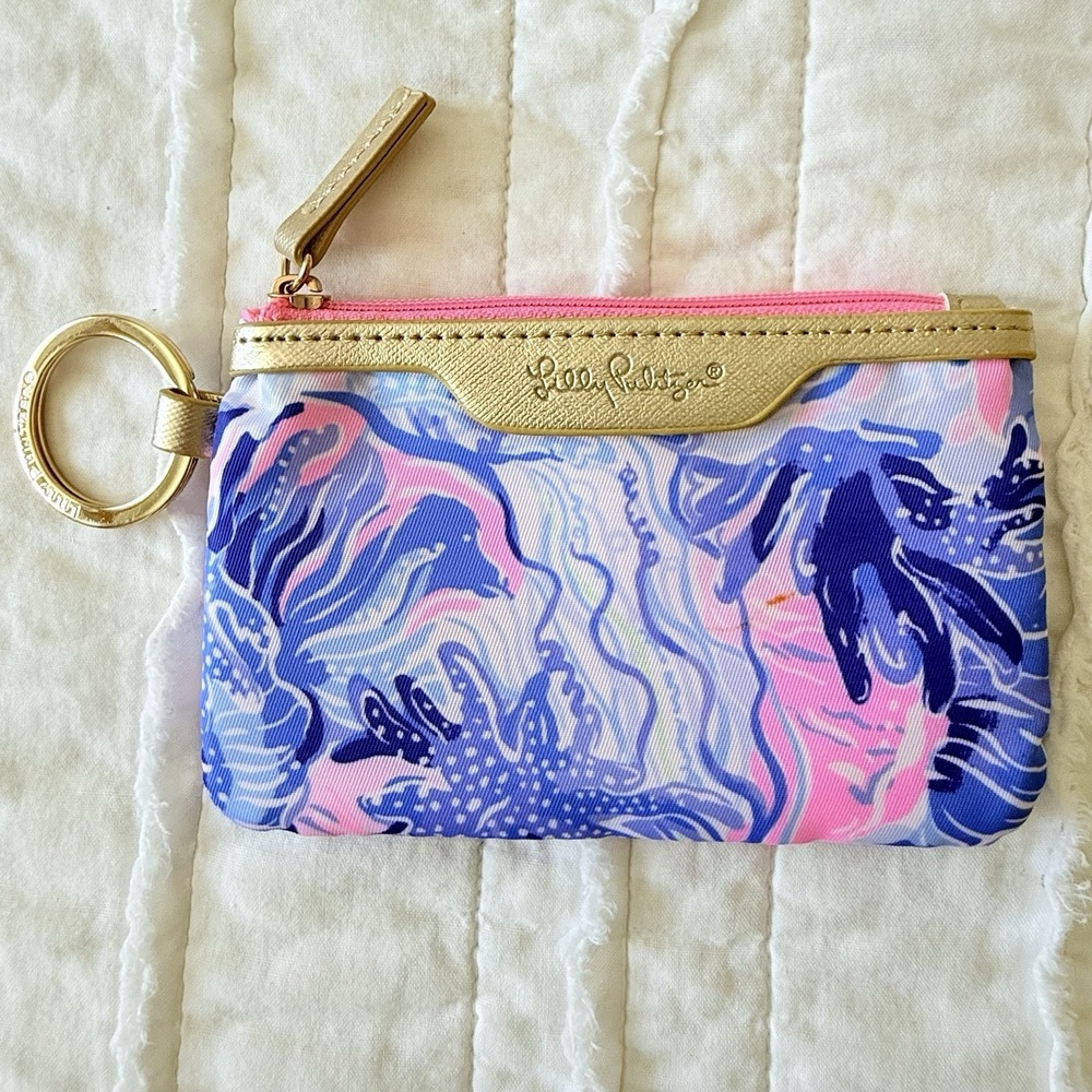 Lilly Pulitzer ID Case Shade Seekers Blue Tropical Coin Purse Keychain Wallet